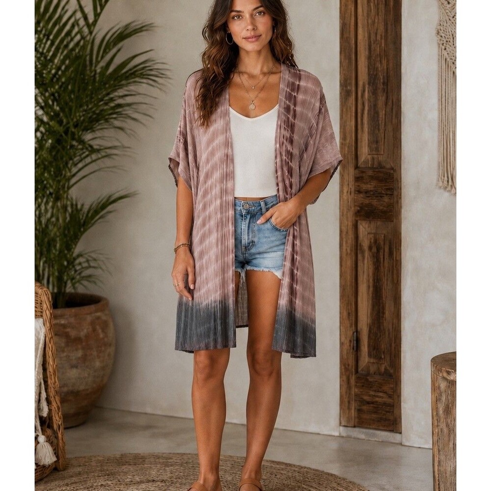 Soft Surroundings Womems XL Boho Kimono Cardigan Crepe Tie Dye Open Short Sleeve